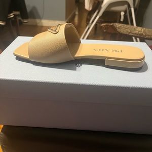 AUTHENTIC PRADA CALFSKIN LOGO FLAT SLIDE SANDALS
